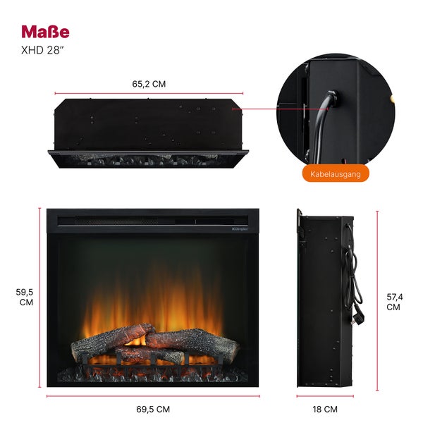 Maße für den Dimplex Elektro-Kamin XHD 28 Zoll: Breite 69,5 Zentimeter, Höhe 59,5 Zentimeter und Tiefe 18 Zentimeter mit Kabelausgang.