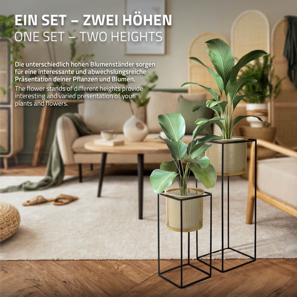 ML-Design Blumenständer 6er Set, Schwarz-Gold, 21x21x47/25x25x71 cm, aus Stahl, Blumentopfständer mit Übertopf, Metall Pflanzenständer, Blumentopfhalter 6-tlg, Pflanztopf Deko Blumensäule Blumenhocker