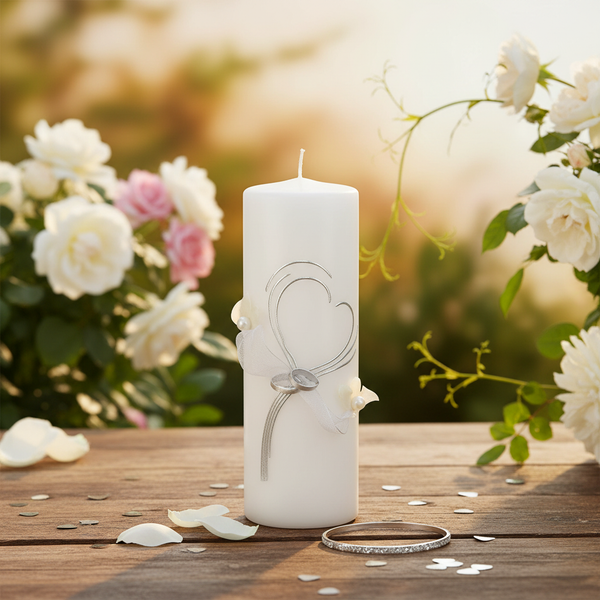 Weiße Hochzeitskerze mit silberner Herzverzierung, Ringen und Perlen auf einem Holztisch, umgeben von Rosen und Blütenblättern.