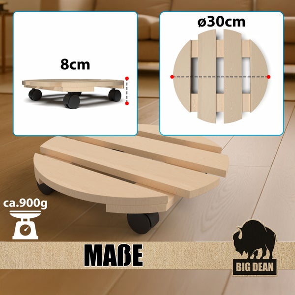 Runder Pflanzenroller aus Holz mit den Maßen circa 30 cm Durchmesser und 8 cm Höhe