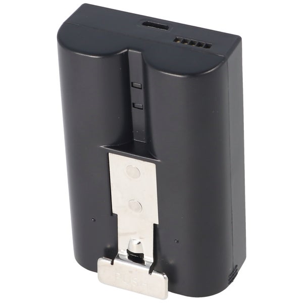 Schwarzer wiederaufladbarer Akku aus Kunststoff für Elektrowerkzeuge mit Metallclip und USB-Anschluss.