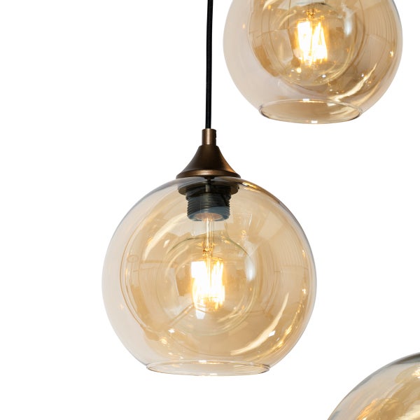 Art-Deco-Hängelampe aus dunkler Bronze mit bernsteinfarbenem Glas, oval, 8-flammig – Sandra