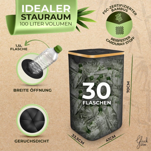 Glückstoff® Pfandflaschen Sammelbehälter [INKL. TRAGETASCHE] - Flaschensammler Leergut - PET Flaschen Pfandbehälter - Flaschensammler - Pfandflaschen Aufbewahrung - Pfandbehälter Einwurf - 100 Liter