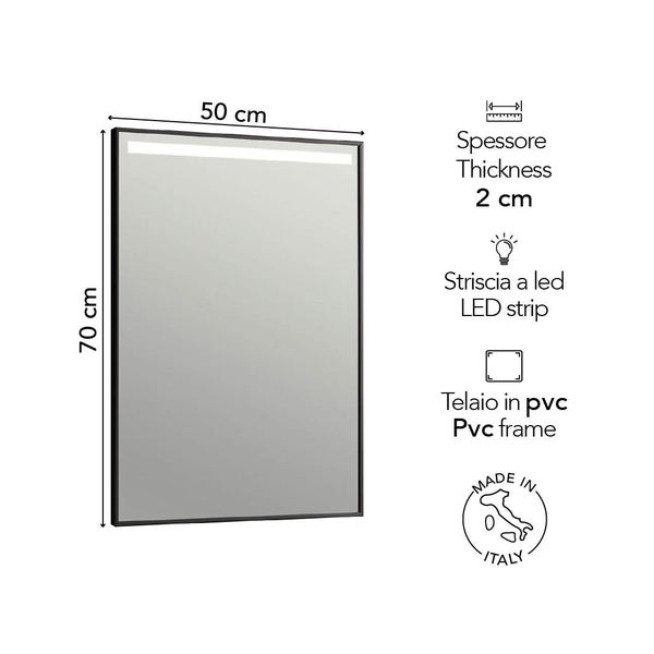 Badspiegel mit LED-Streifen und schwarzem PVC-Rahmen, Maße 50 mal 70 Zentimeter, Stärke 2 Zentimeter, Hergestellt in Italien.