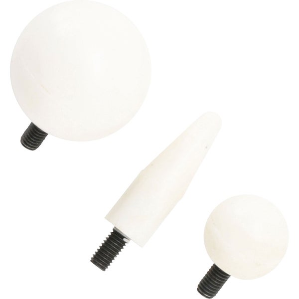 Zwei Kugeln und ein Kegel aus Kunststoff mit Gewinde