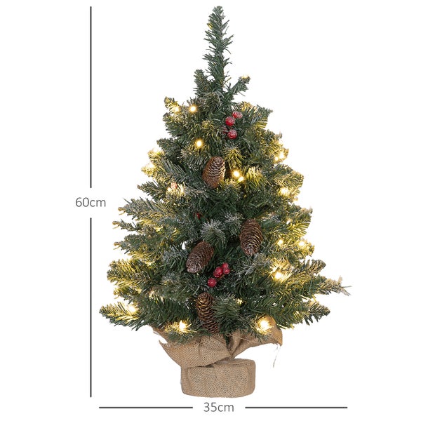 HOMCOM Künstlicher Weihnachtsbaum, 0,6 m Christbaum mit Tannenzapfen 86 Astspitzen mit 50 warmweißen LED, für Weihnachtsfest, Indoor, Grün+Weiß