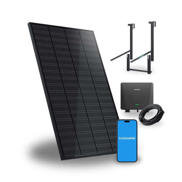 Photovoltaikanlage mit Solarmodul, Wechselrichter, Montagegestell, Kabel und Smartphone mit Sunshare App