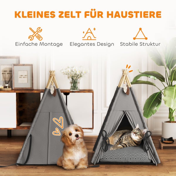 PawHut Tipi Zelt für Haustiere, Katzenzelt mit abnehmbar und waschbar Kissen, Katzenhaus mit rutschfestem Boden, Spielball, für Katzen unter 5kg, Mini Hunde, 60 x 60 x 76 cm, Grau