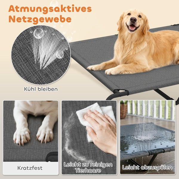 Erhöhtes Hundebett mit atmungsaktivem Netzgewebe, kratzfestem Material, leicht zu reinigen und abzuspülen, inklusive Hund.