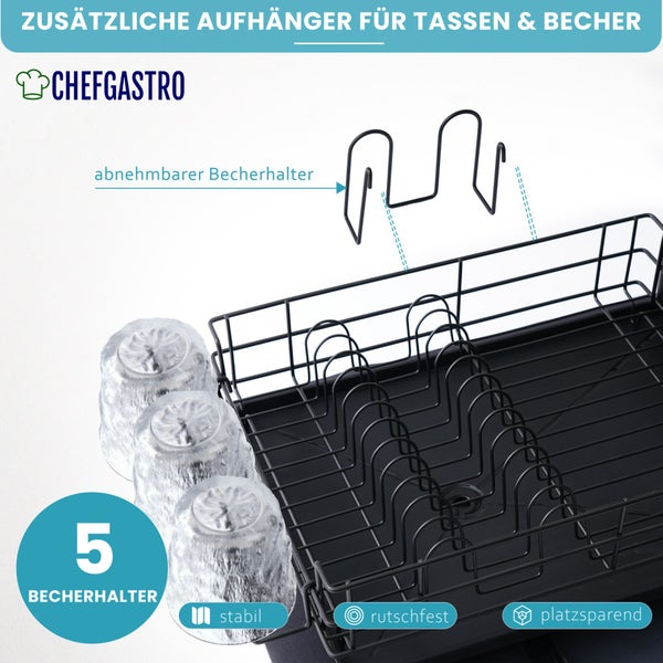 CHEFGASTRO Abtropfgestell Geschirr | HxBxT 15x42x31cm | Stahl | mit Besteckhalter, Tassenhalter, drehbarem Wasserablauf, Abtropfbrett & Trockenmatte, Geschirrabtropfgestell Abtropfständer