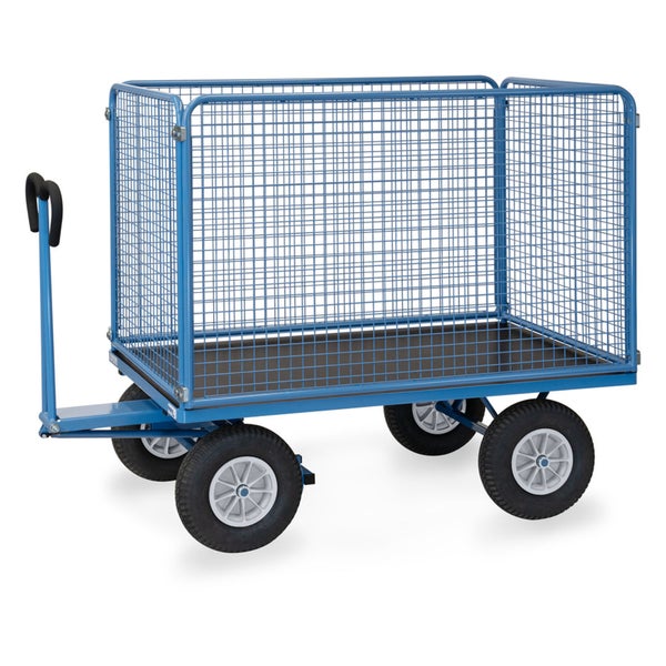 Blauer Handwagen mit Gitterwänden, Luftbereifung und Zuggriff für den Transport von Lasten.