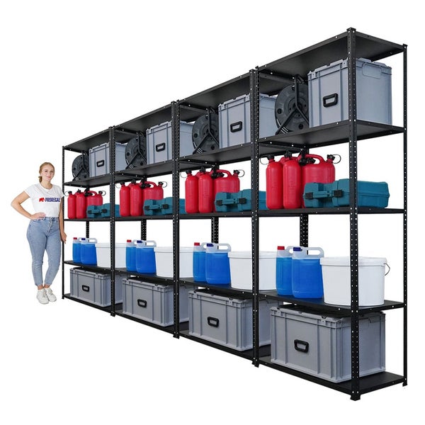 Schwarzes Schwerlastregal mit Lagerbehältern und Kanistern zur Aufbewahrung