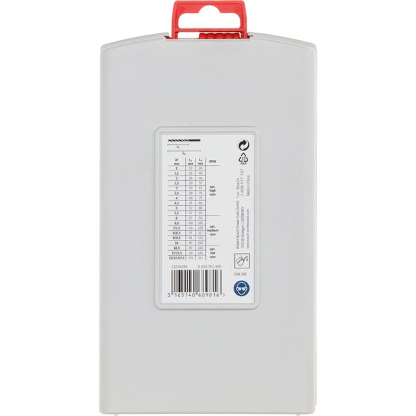 Informationstabelle auf der Verpackung eines Bohrersets.