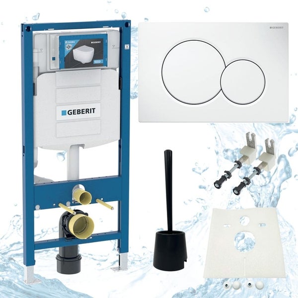 Geberit Duofix Vorwandelement mit Betätigungsplatte, Schallschutzmatte, WC-Bürstengarnitur und weiterem Zubehör