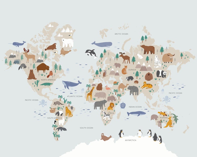 Weltkarte mit Tierillustrationen