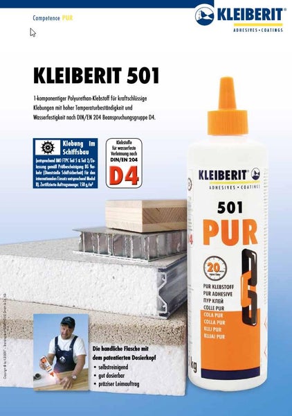 Kleiberit 501 Polyurethan Klebstoff für kraftschlüssige Klebungen mit hoher Temperaturbeständigkeit und Wasserfestigkeit nach DIN/EN 204