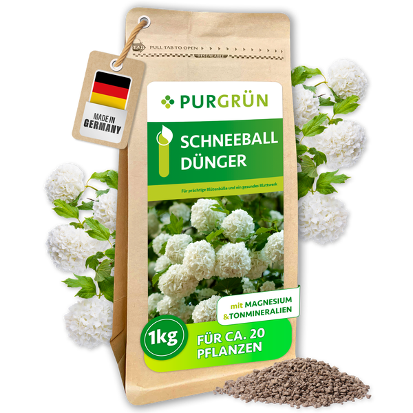 Purgrün Schneeball Dünger 1 Kilogramm für zirka 20 Pflanzen mit Magnesium und Tonmineralien in der Verpackung