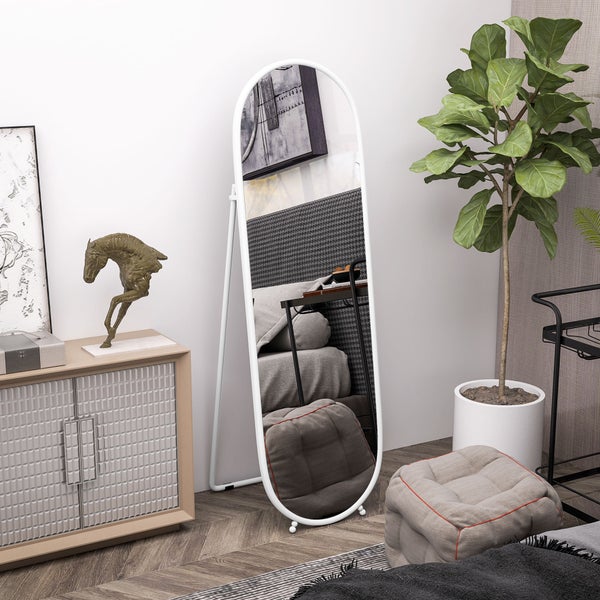 HOMCOM Ganzkörperspiegel, 160 x 40 cm Wandspiegel mit Ständer, Metallrahmen, Oval Standspiegel für Wohnzimmer, Schlafzimmer, Weiß