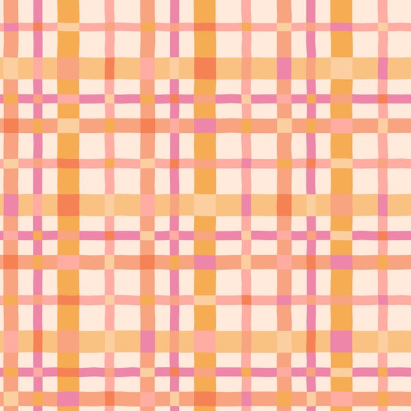 Handgezeichnetes Karomuster in Rosa- und Orangetönen.