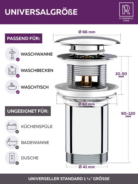 Universelle Ablaufgarnitur mit Größenangaben und Anwendungsbereichen