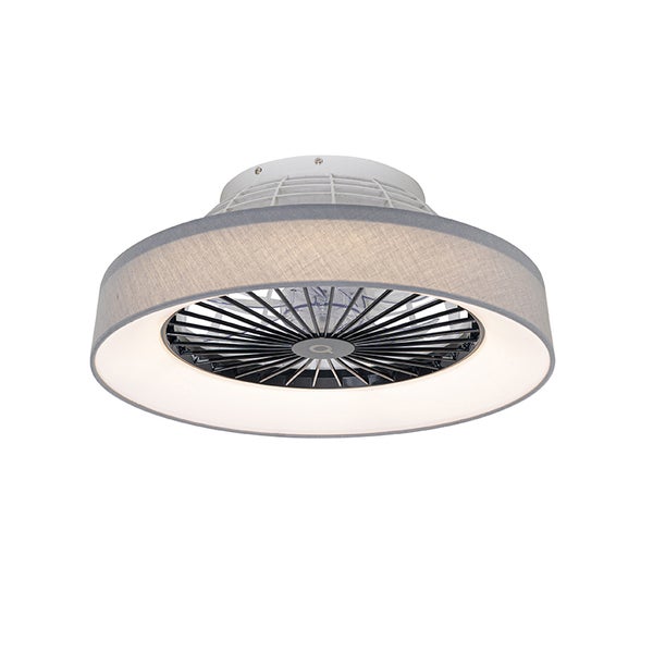 Deckenventilator mit integriertem LED-Licht und grauem Stoffschirm.
