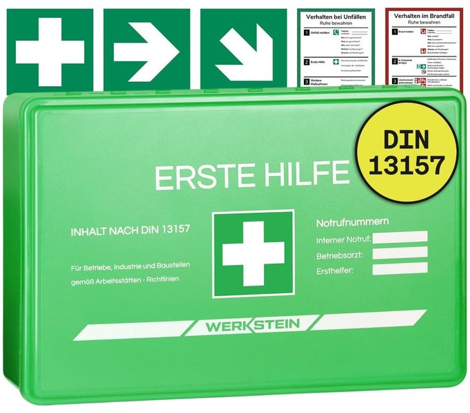 Erste Hilfe Kasten Small mit Inhalt nach DIN 13157 I Verbandskasten Betrieb inkl. praktischer Wandhalterung & 5x Aufkleber I Verbandskasten DIN 13157 für Betriebe, Einrichtungen & Zuhause