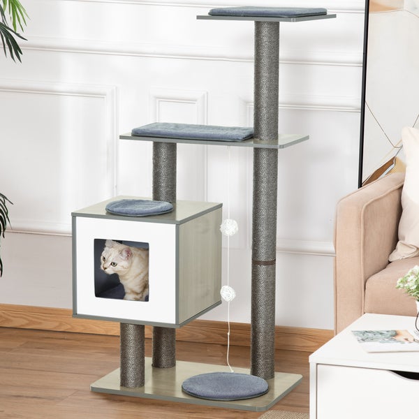 Katzenkratzbaum mit Liegeflächen und Höhle in Wohnraum