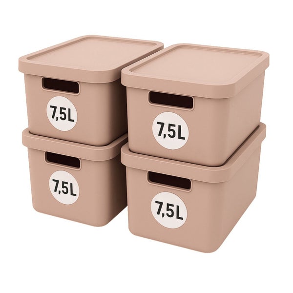 Stapelbare Aufbewahrungsboxen aus Kunststoff mit Deckel und Grifföffnungen, Fassungsvermögen 7,5 Liter pro Box, 4er-Set.