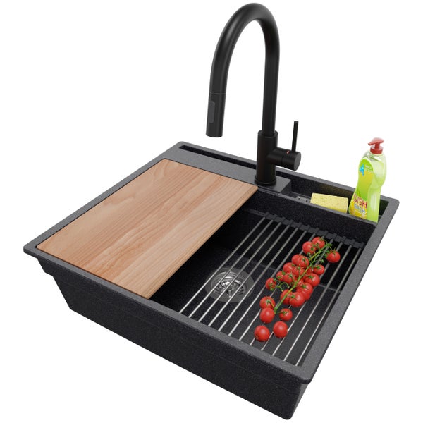 PRIMAGRAN Granitspüle Anthrazit 58x53cm, Spülbecken 1 Becken + Küchenarmatur 40x20cm + Ablauf-Set + Küchenzubehörset, Küchenspüle ab 60er Unterschrank - Oslo Pocket