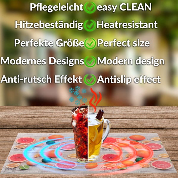 Hitzebeständiges Tischset mit Zitrusfrucht-Motiv, rutschfest, pflegeleicht und modernes Design, geeignet für heiße und kalte Getränke.