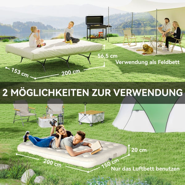 Outsunny Feldbett Campingbett mit Luftmatratze Pumpe 200 x 153 cm Gästebett belastbar bis 200 kg Extra Breit Campingliege für 2 Erwachsene für Camping Outdoor Garten Reisen Schwarz+Khaki