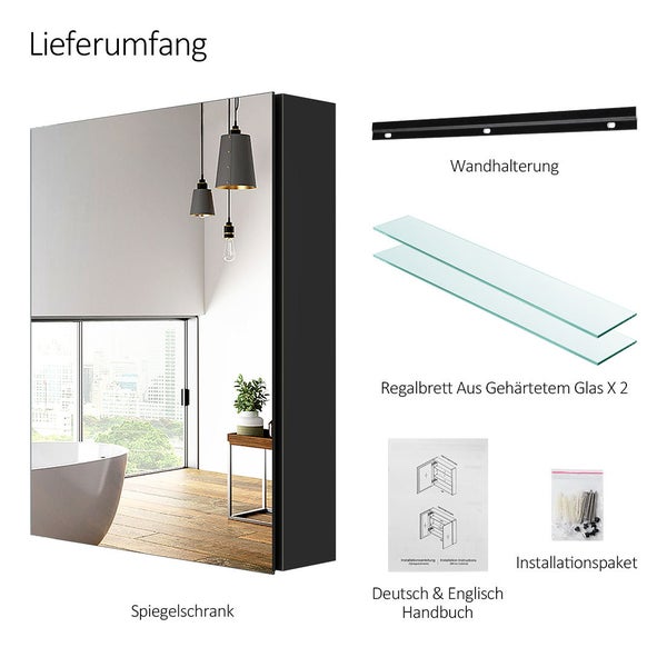 Lieferumfang Badezimmer-Spiegelschrank mit Wandhalterung, zwei Glasböden aus gehärtetem Glas, Handbuch und Installationspaket.
