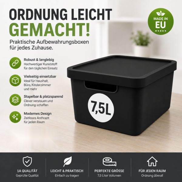 Stapelbare Kunststoff Aufbewahrungsbox mit Deckel 7,5 Liter Fassungsvermögen für Haushalt und Büro Made in European Union.