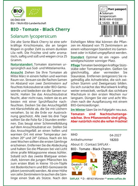 SAFLAX  - BIO - Tomate - Black Cherry - Solanum lycopersicum - 10 Samen - Mit keimfreiem Anzuchtsubstrat