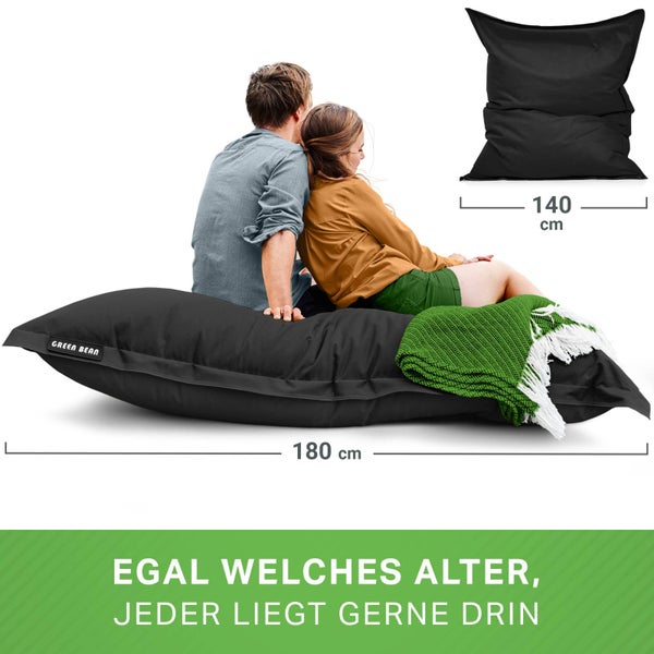 Green Bean Sitzsack XXL 140x180cm 380 Liter Kinder & Erwachsene Bean Bag EPS Perlen Füllung Riesensitzsack Groß Draußen Outdoor Liegekissen Waschbar Wetterfest Lounge Sitzkissen Bodenkissen Schwarz