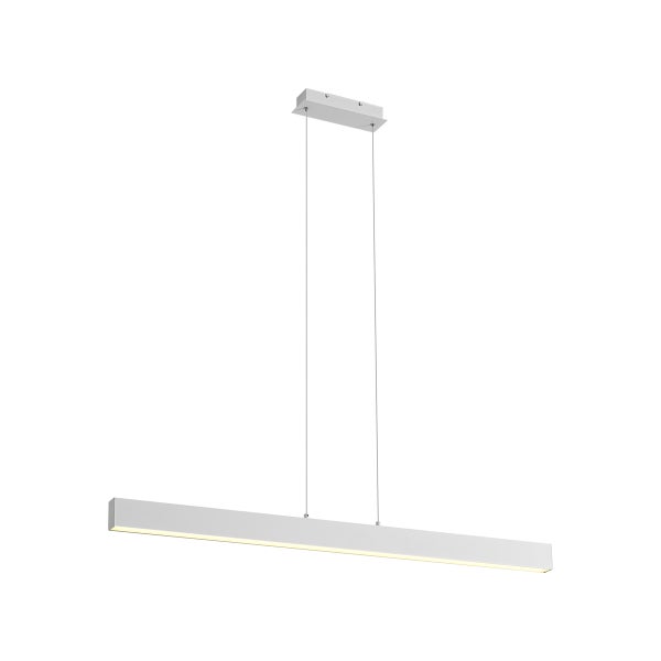 Moderne LED Pendelleuchte mit länglichem Leuchtkörper und höhenverstellbarer Seilabhängung für eine gleichmäßige Raumbeleuchtung