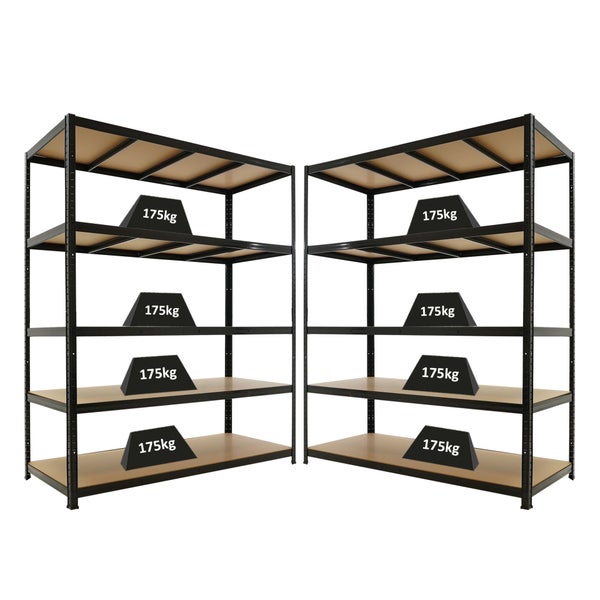 Zwei schwarze Schwerlastregale aus Metall mit Holzböden, fünf Fachböden pro Regal, Tragkraft 175 Kilogramm pro Boden.