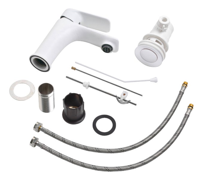 aquaSu® Wasserhahn Bad Weiß, Waschtischarmatur mit Zugstange, Einhebelmischer für Waschbecken, Badarmatur mit Ablaufgarnitur, Mischbatterie mit Wassersparmischdüse, Messingkern, werkzeuglose Montage, 797375