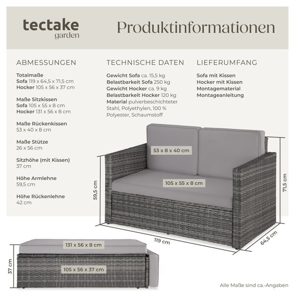 Rattan Lounge tectake Korfu Hocker mit klappbarer Stütze 2-Sitzer grau