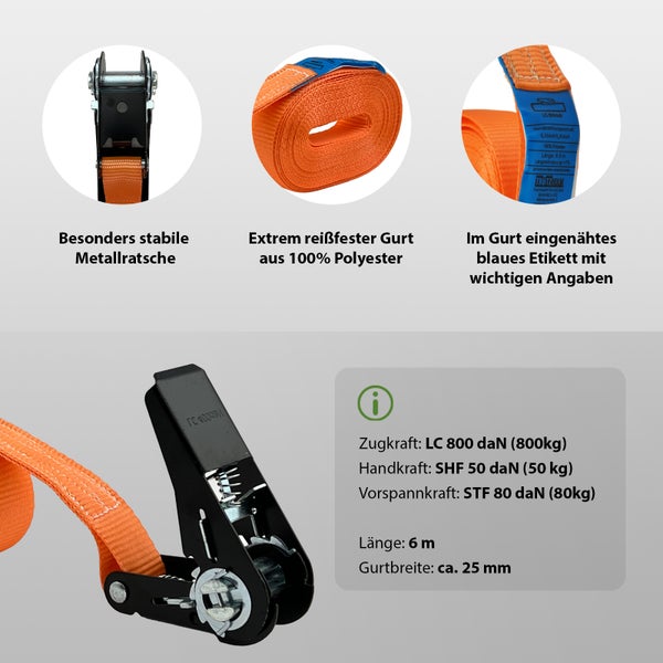 Spanngurt mit Metallratsche, 6 Meter lang und 25 Millimeter Gurtbreite, aus 100 Prozent Polyester mit eingenähtem, blauem Etikett