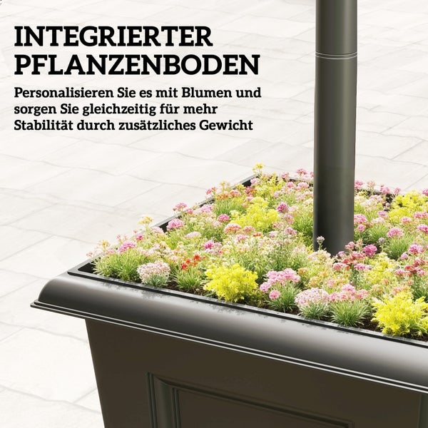 Integrierter Pflanzenboden zur Stabilisierung durch zusätzliches Gewicht, bepflanzt mit bunten Blumen um einen dunklen Pfosten.