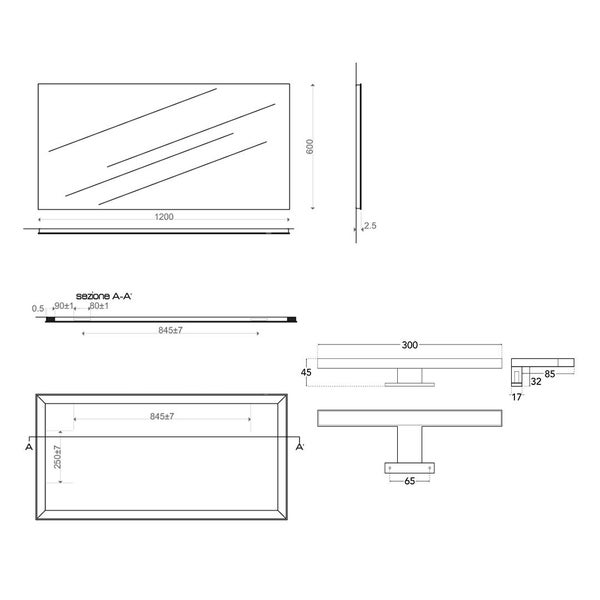 Technische Zeichnung eines Spiegels mit Maßen