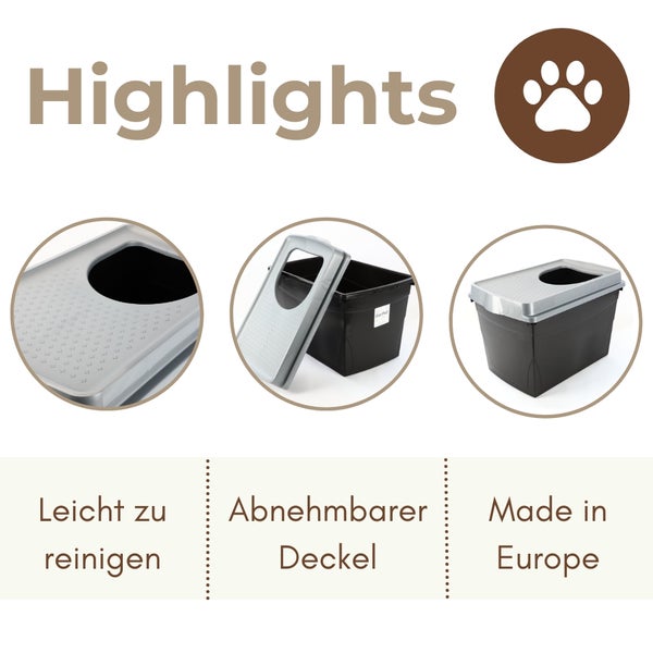 Katzentoilette mit Topeinstieg: leicht zu reinigen, abnehmbarer Deckel und hergestellt in Europa.
