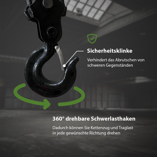 Schwerlasthaken mit Sicherheitsklinke und 360 Grad Drehgelenk für Hebezeuge in einer Lagerhalle