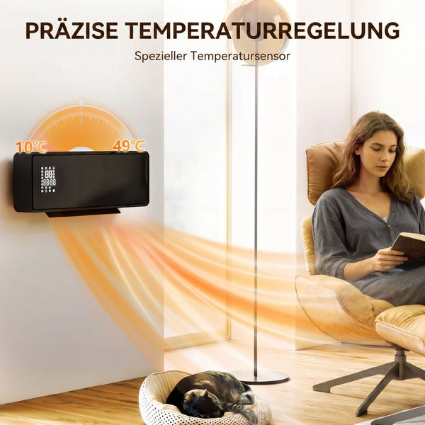 Wandheizung mit präziser Temperaturregelung und Sensor in einem gemütlichen Wohnzimmer mit lesender Person und schlafender Katze.