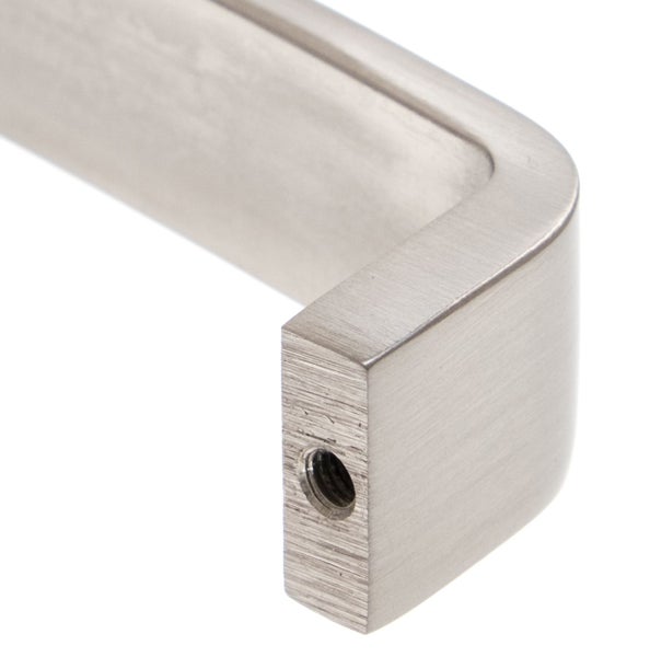 Metallischer Möbelgriff in U-Form mit gebürsteter Oberfläche und Schraubgewinde.