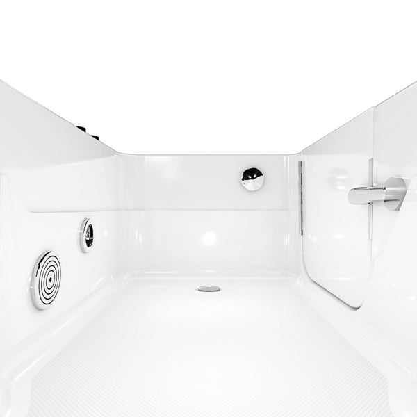 Innenansicht einer Badewanne mit Tür, ausgestattet mit Düsen und Ablauf