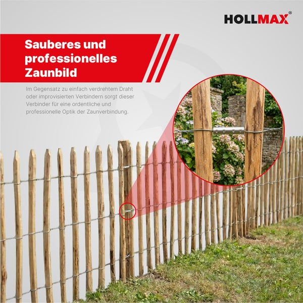 Drahtverbinder für Staketenzaun aus Holz, Detailansicht einer stabilen Drahtverbindung, HOLLMAX Logo.