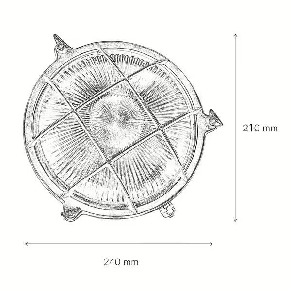 Technische Zeichnung einer runden Außenleuchte mit Abmessungen 210 mm x 240 mm.