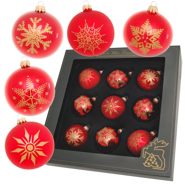 Rot/Satin-Rot 8cm Glaskugelsortiment, mundgeblasen, handdekoriert, 9 Stck., Weihnachtsbaumkugeln, Christbaumschmuck, Weihnachtsbaumanhänger